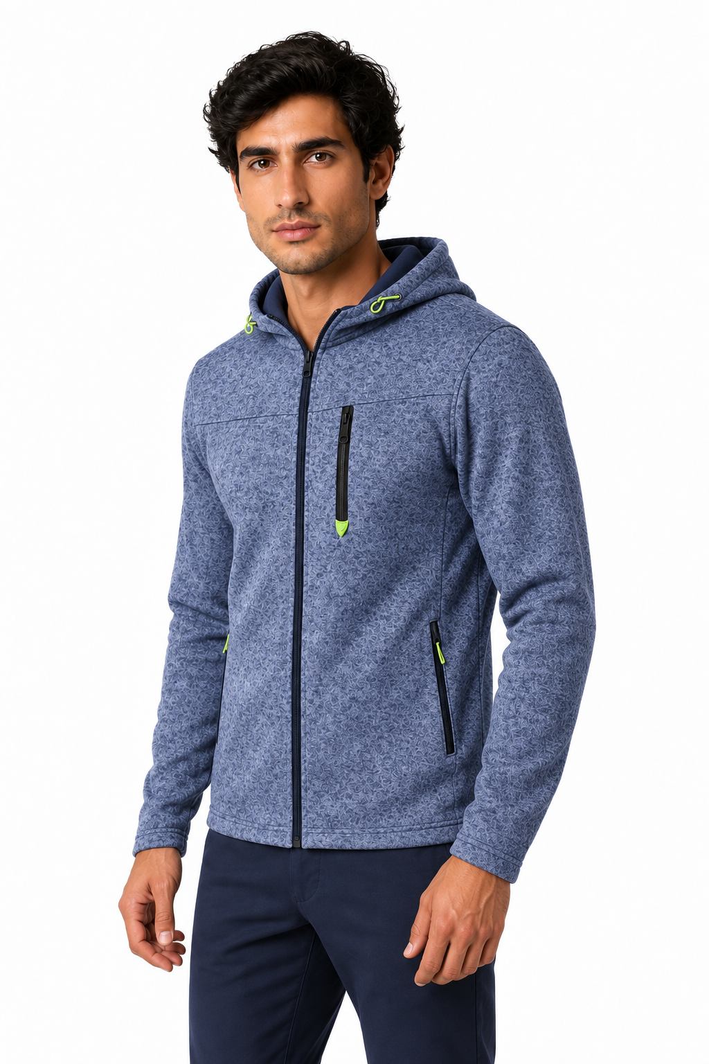 Ventorino Men's Hoodie Heathered Fabric Full Zip | Ventorino in Blue — model three-quarter view