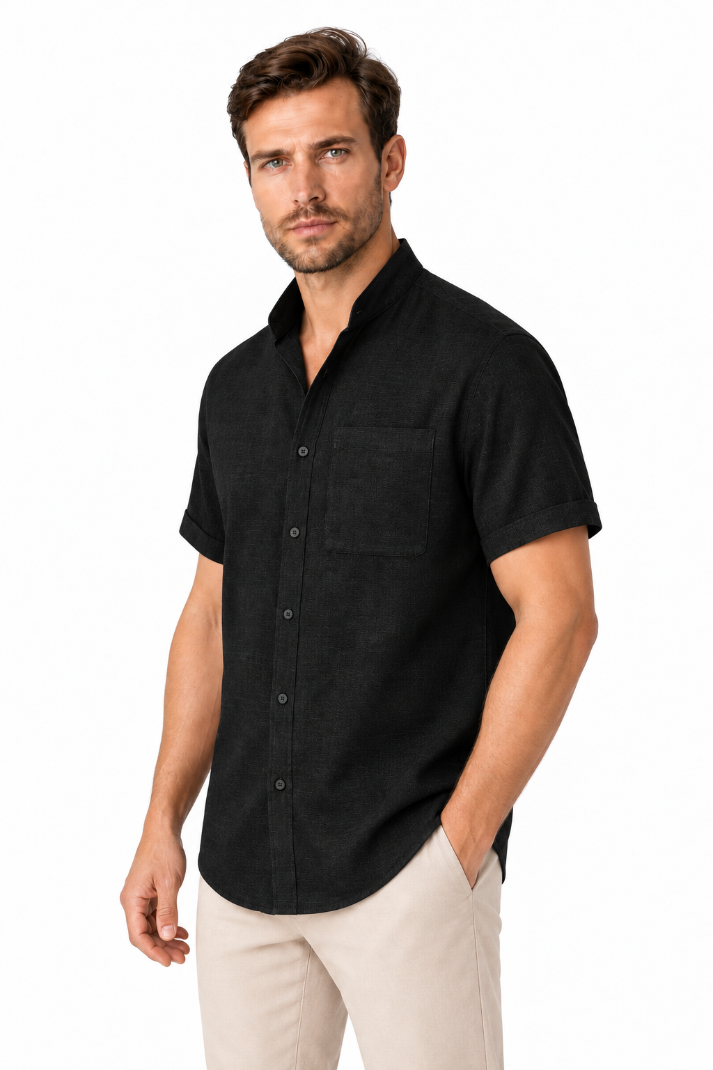 Ventorino Men's Shirt Cotton-Linen Blend Breathable Weave | Ventorino in Black — model three-quarter view