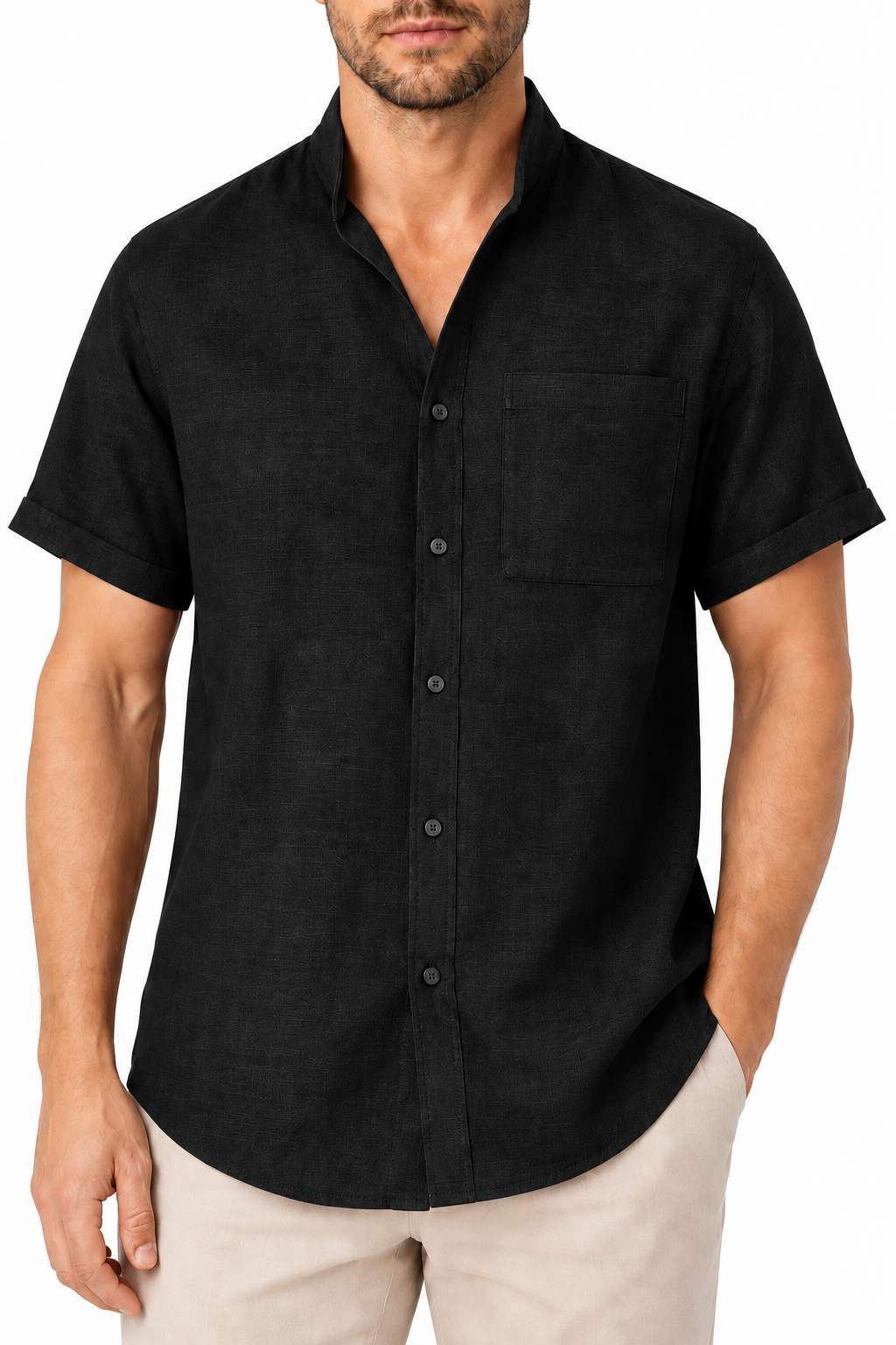 Ventorino Men's Shirt Cotton-Linen Blend Breathable Weave | Ventorino in Black — garment and fabric detail