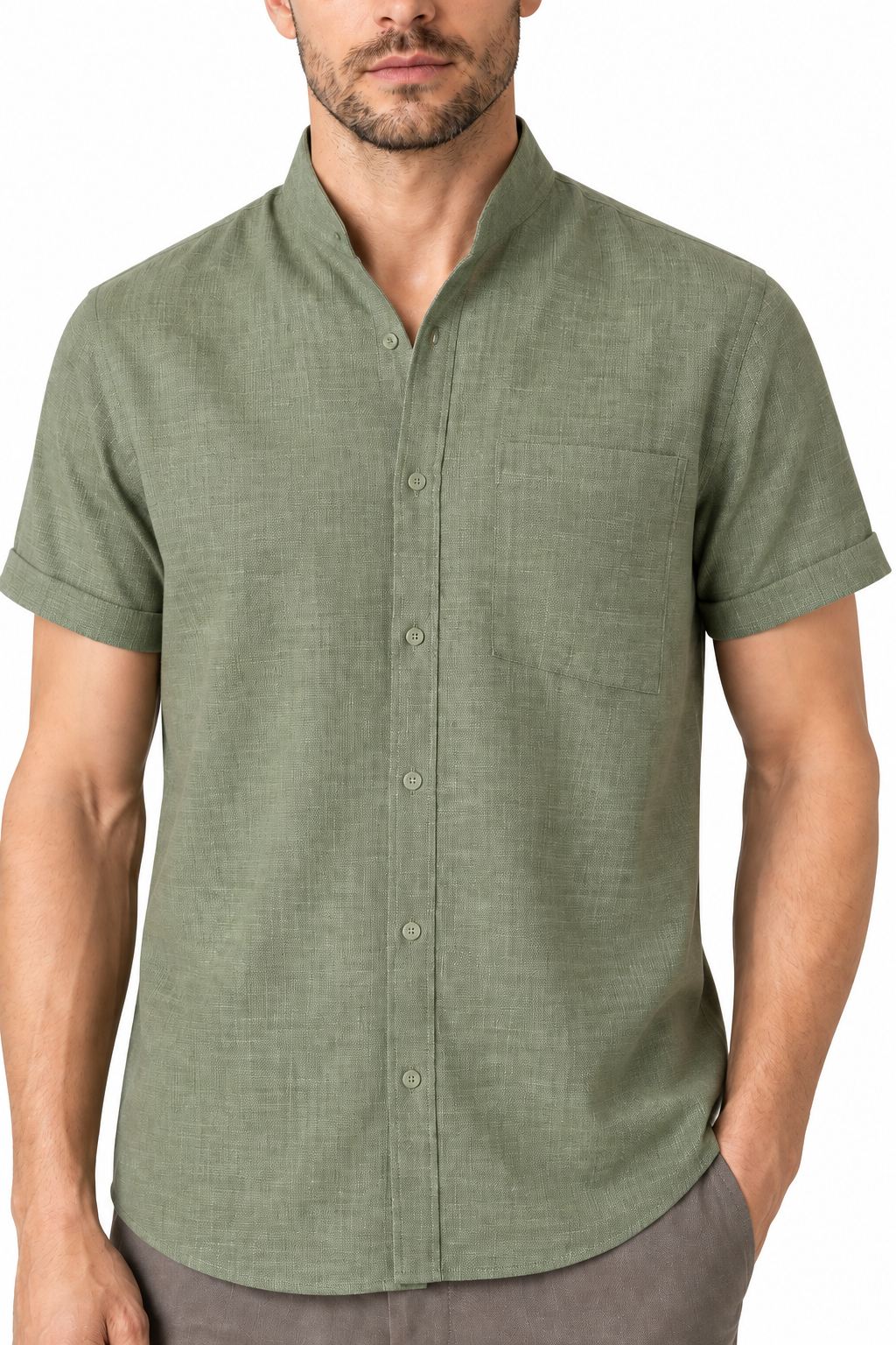 Ventorino Men's Shirt Cotton-Linen Blend Breathable Weave | Ventorino in Light Green — garment and fabric detail