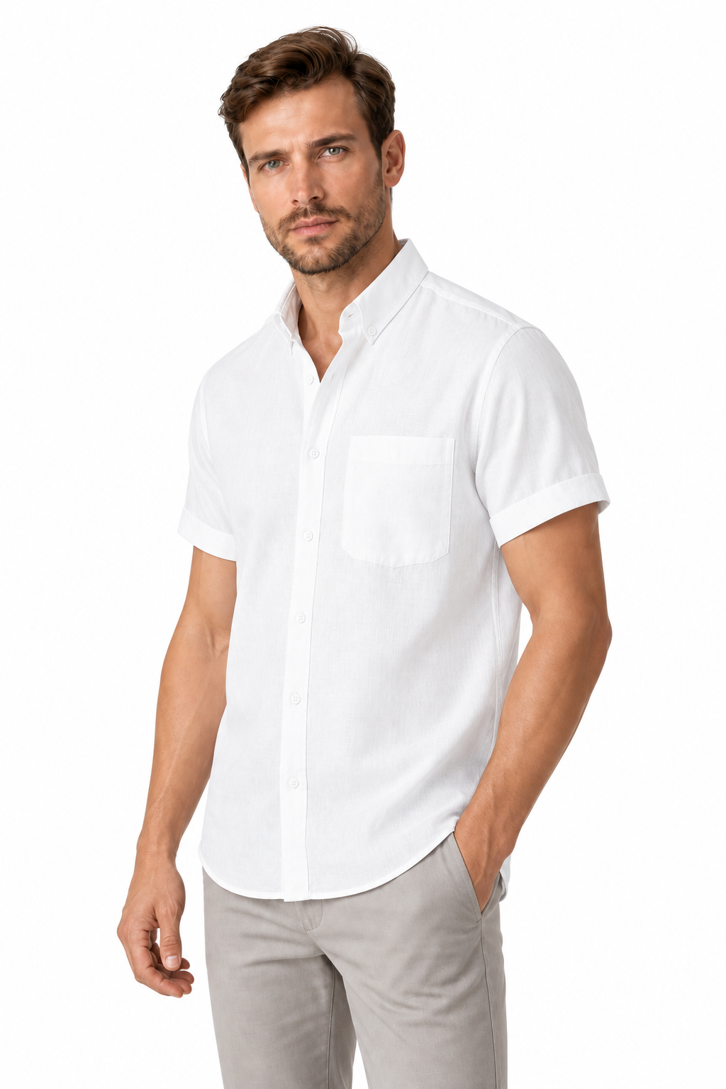 Ventorino Men's Shirt Cotton-Linen Blend Breathable Weave | Ventorino in White — model three-quarter view