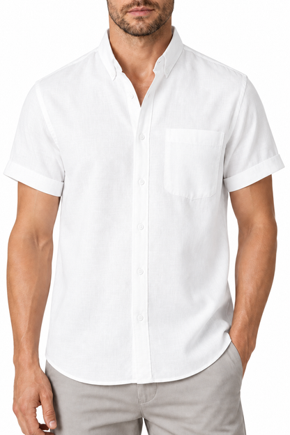 Ventorino Men's Shirt Cotton-Linen Blend Breathable Weave | Ventorino in White — garment and fabric detail
