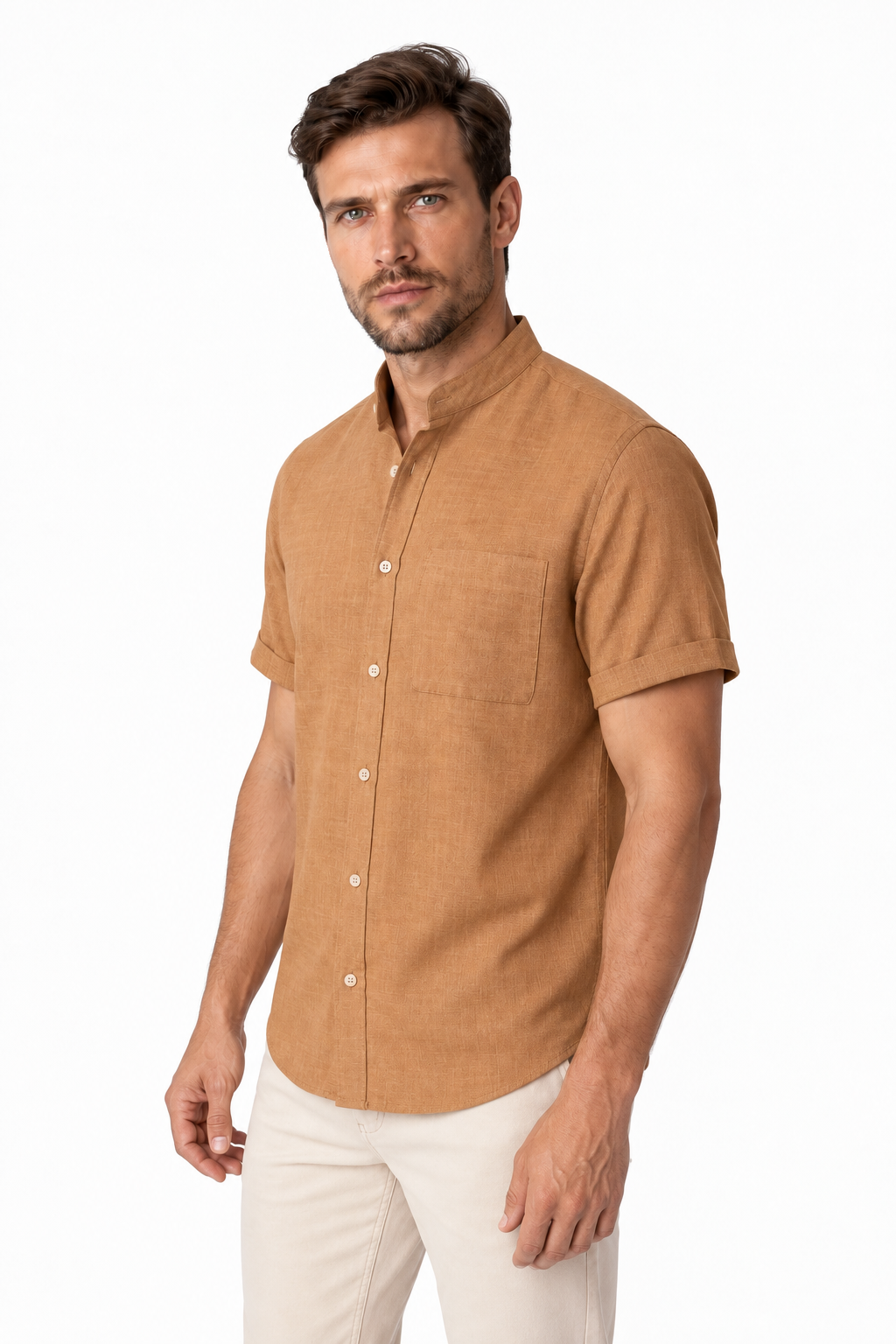 Ventorino Men's Shirt Cotton-Linen Blend Breathable Weave | Ventorino in Brown — model three-quarter view