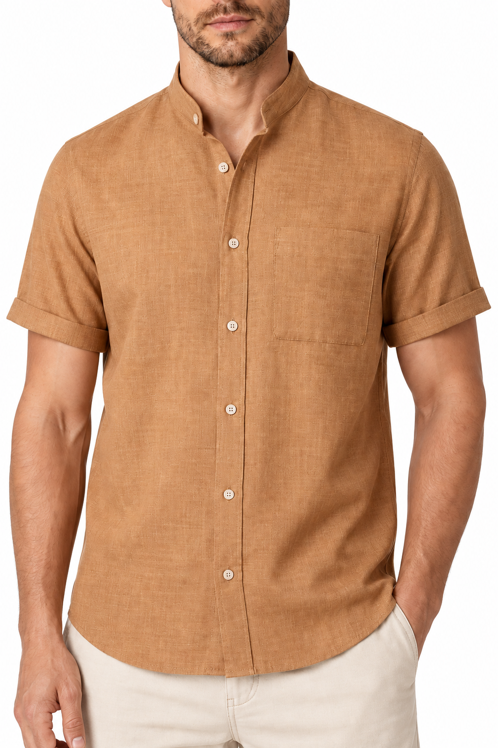 Ventorino Men's Shirt Cotton-Linen Blend Breathable Weave | Ventorino in Brown — garment and fabric detail