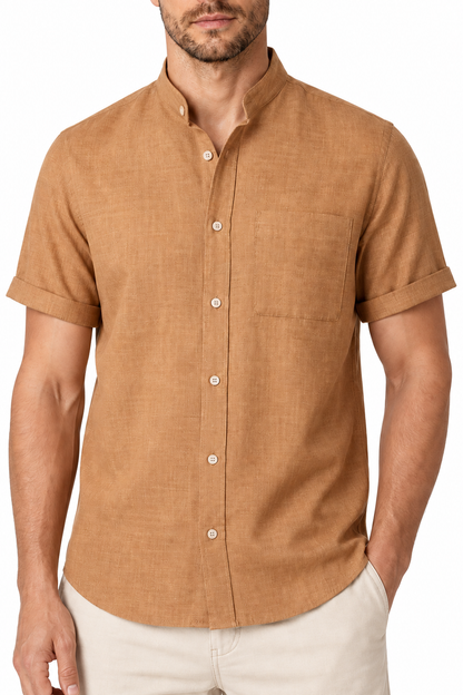 Ventorino Men's Shirt Cotton-Linen Blend Breathable Weave | Ventorino in Brown — garment and fabric detail