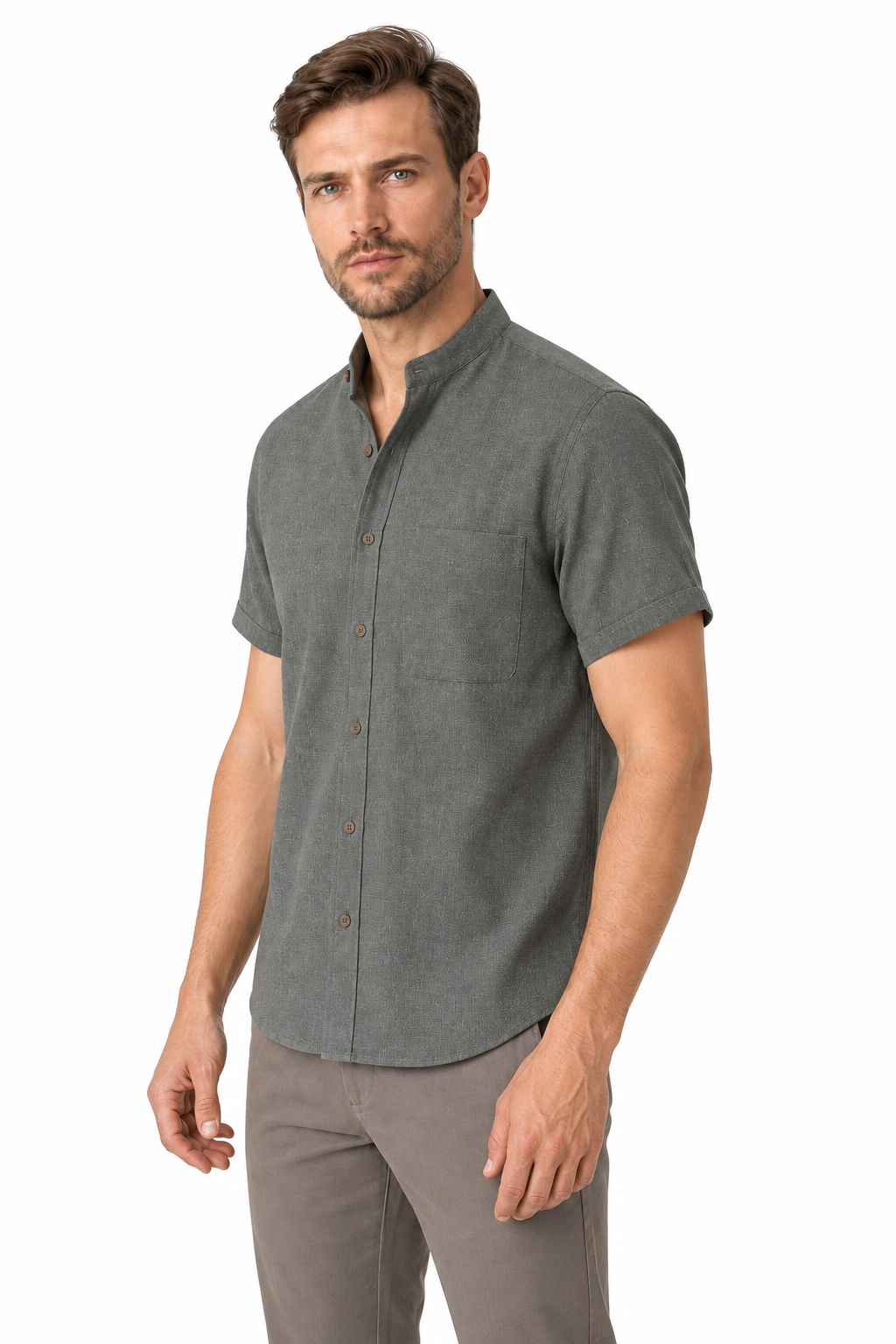 Ventorino Men's Shirt Cotton-Linen Blend Breathable Weave | Ventorino in Grey — model three-quarter view