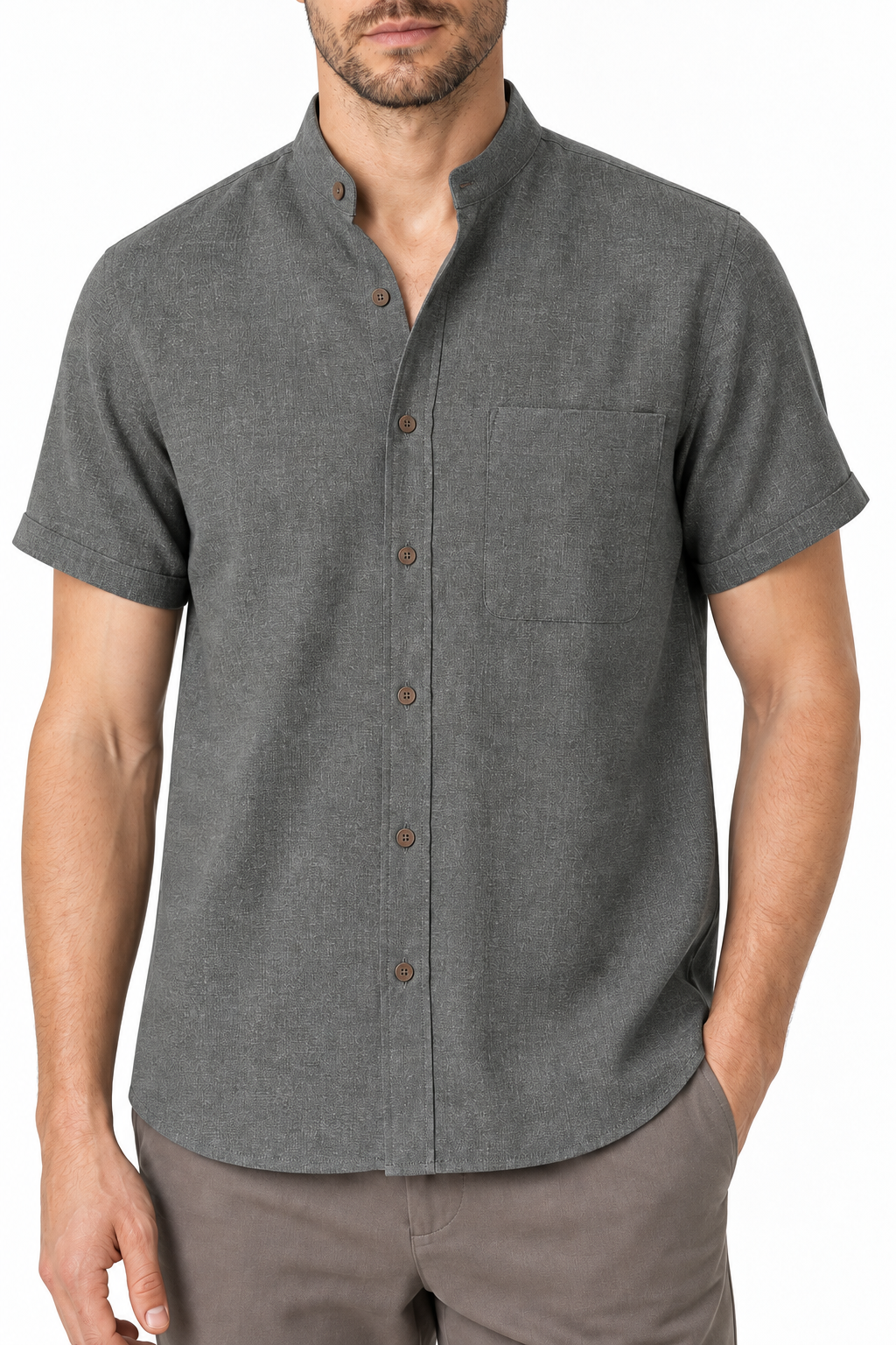Ventorino Men's Shirt Cotton-Linen Blend Breathable Weave | Ventorino in Grey — garment and fabric detail
