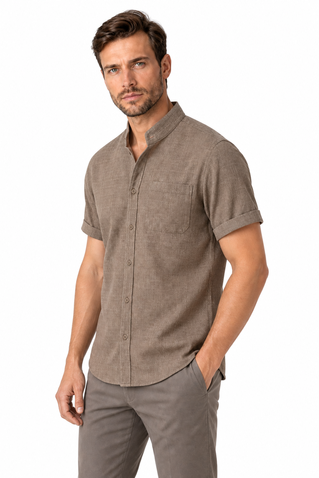 Ventorino Men's Shirt Cotton-Linen Blend Breathable Weave | Ventorino in Khaki — model three-quarter view
