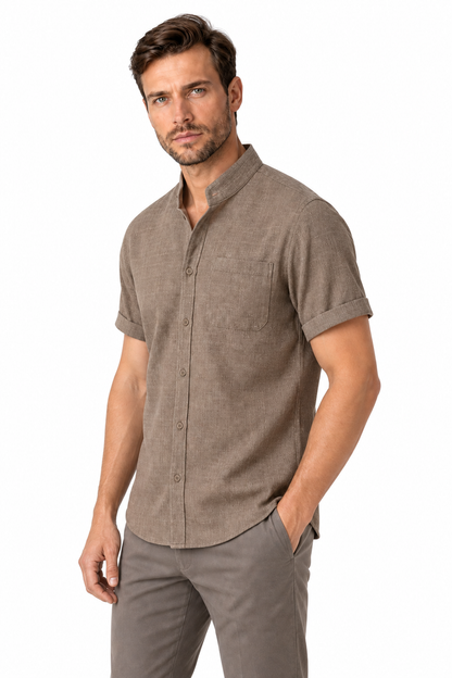 Ventorino Men's Shirt Cotton-Linen Blend Breathable Weave | Ventorino in Khaki — model three-quarter view