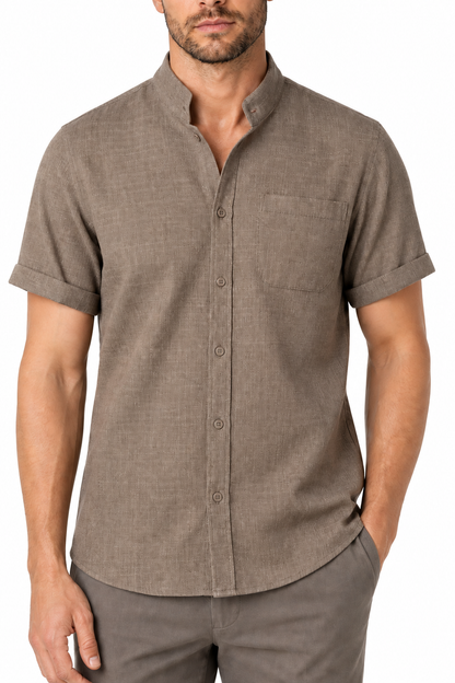 Ventorino Men's Shirt Cotton-Linen Blend Breathable Weave | Ventorino in Khaki — garment and fabric detail