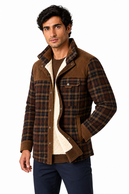 Ventorino Men's Plaid Jacket Sherpa Lining Warm Finish | Ventorino in Coffee — model three-quarter view