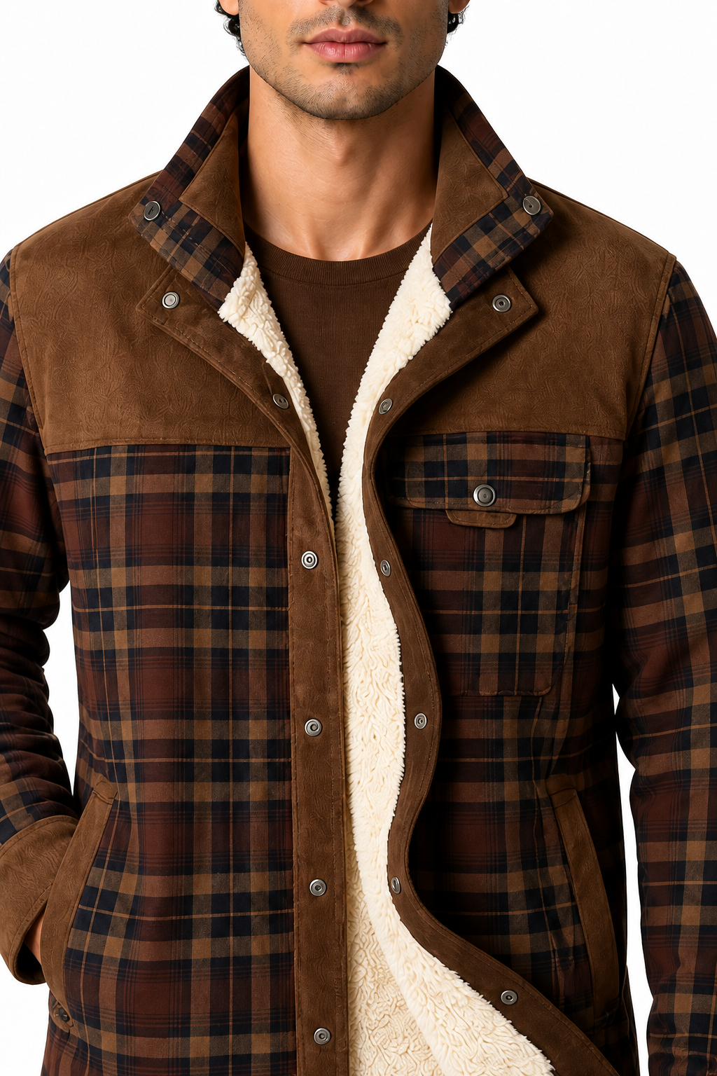 Ventorino Men's Plaid Jacket Sherpa Lining Warm Finish | Ventorino in Coffee — garment and fabric detail