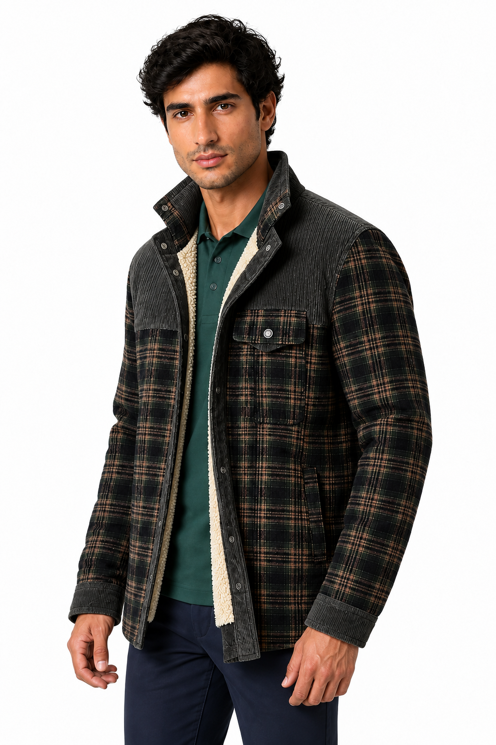 Ventorino Men's Plaid Jacket Sherpa Lining Warm Finish | Ventorino in Light Military — model three-quarter view