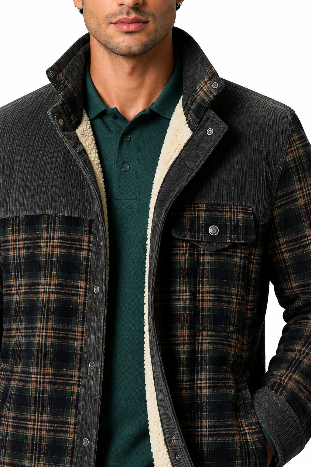 Ventorino Men's Plaid Jacket Sherpa Lining Warm Finish | Ventorino in Light Military — garment and fabric detail