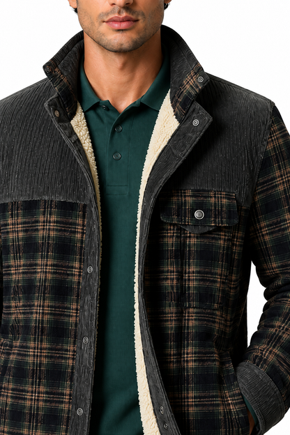 Ventorino Men's Plaid Jacket Sherpa Lining Warm Finish | Ventorino in Light Military — garment and fabric detail