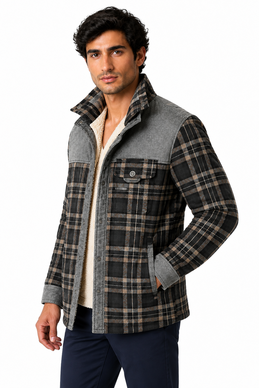 Ventorino Men's Plaid Jacket Sherpa Lining Warm Finish | Ventorino in Grey — model three-quarter view