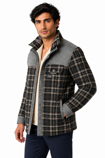 Ventorino Men's Plaid Jacket Sherpa Lining Warm Finish | Ventorino in Grey — model three-quarter view
