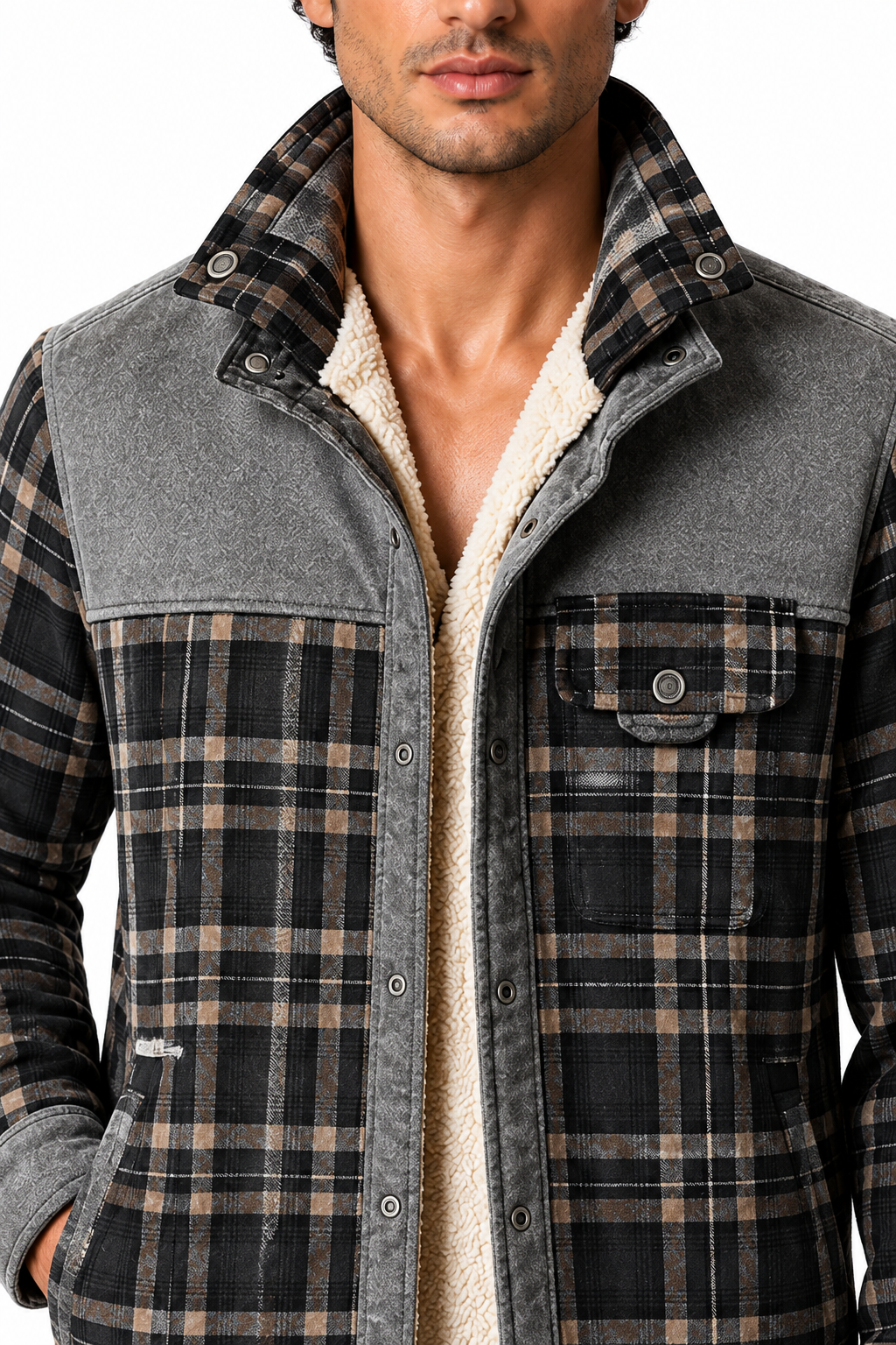 Ventorino Men's Plaid Jacket Sherpa Lining Warm Finish | Ventorino in Grey — garment and fabric detail