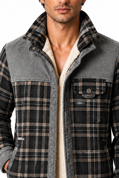 Ventorino Men's Plaid Jacket Sherpa Lining Warm Finish | Ventorino in Grey — garment and fabric detail