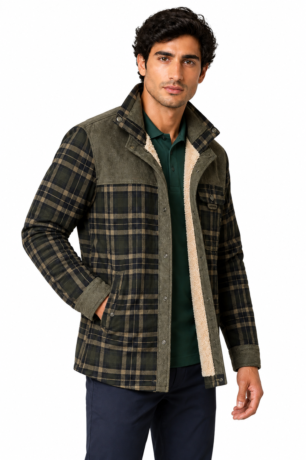 Ventorino Men's Plaid Jacket Sherpa Lining Warm Finish | Ventorino in Army Green — model three-quarter view