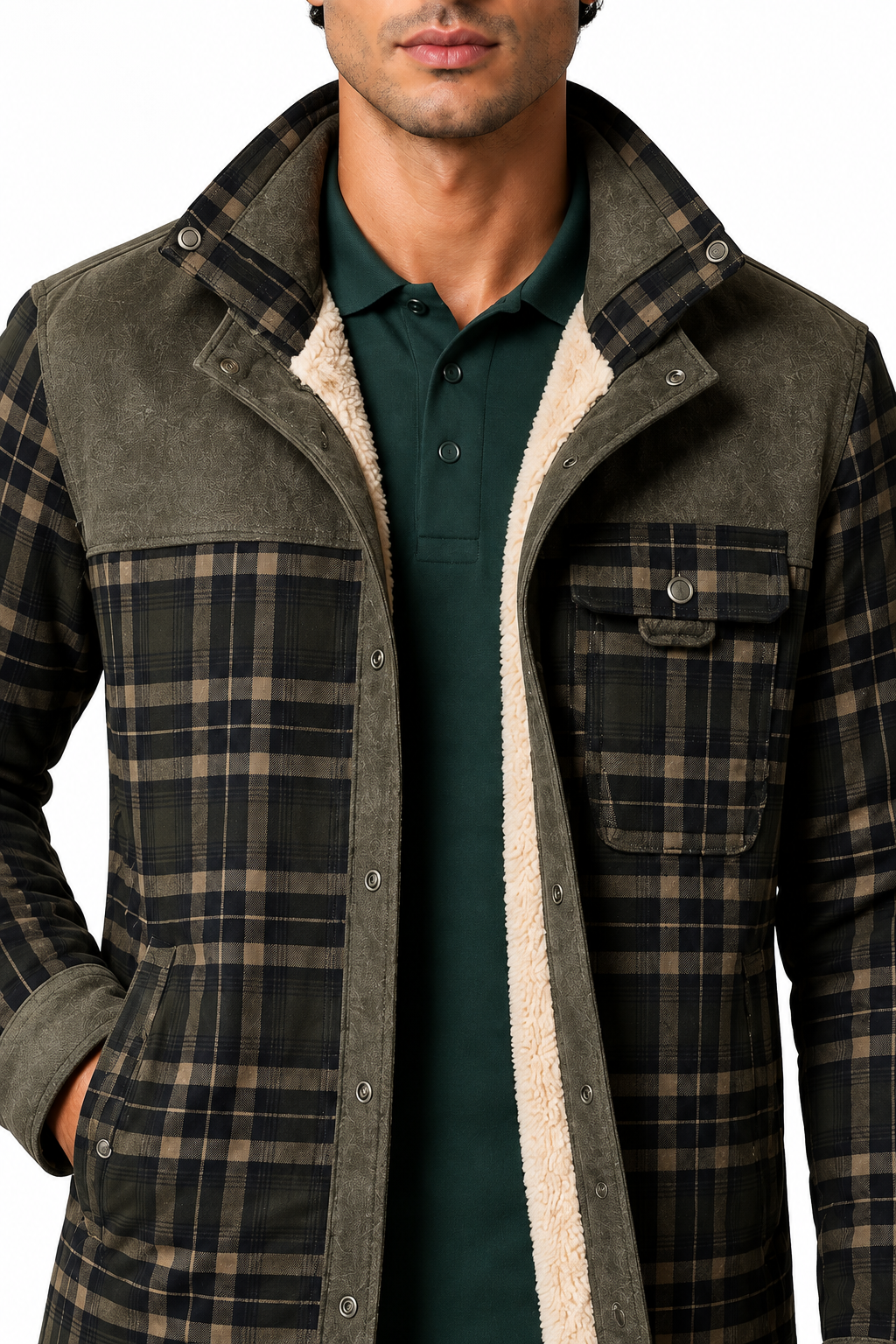 Ventorino Men's Plaid Jacket Sherpa Lining Warm Finish | Ventorino in Army Green — garment and fabric detail