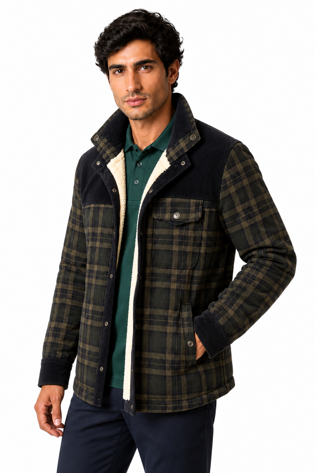 Ventorino Men's Plaid Jacket Sherpa Lining Warm Finish | Ventorino in Deep Army — model three-quarter view