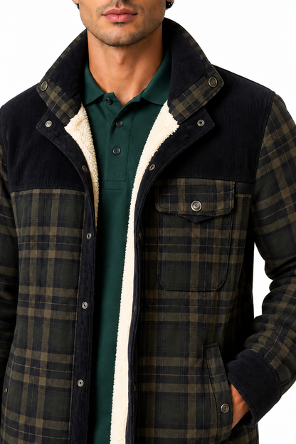 Ventorino Men's Plaid Jacket Sherpa Lining Warm Finish | Ventorino in Deep Army — garment and fabric detail