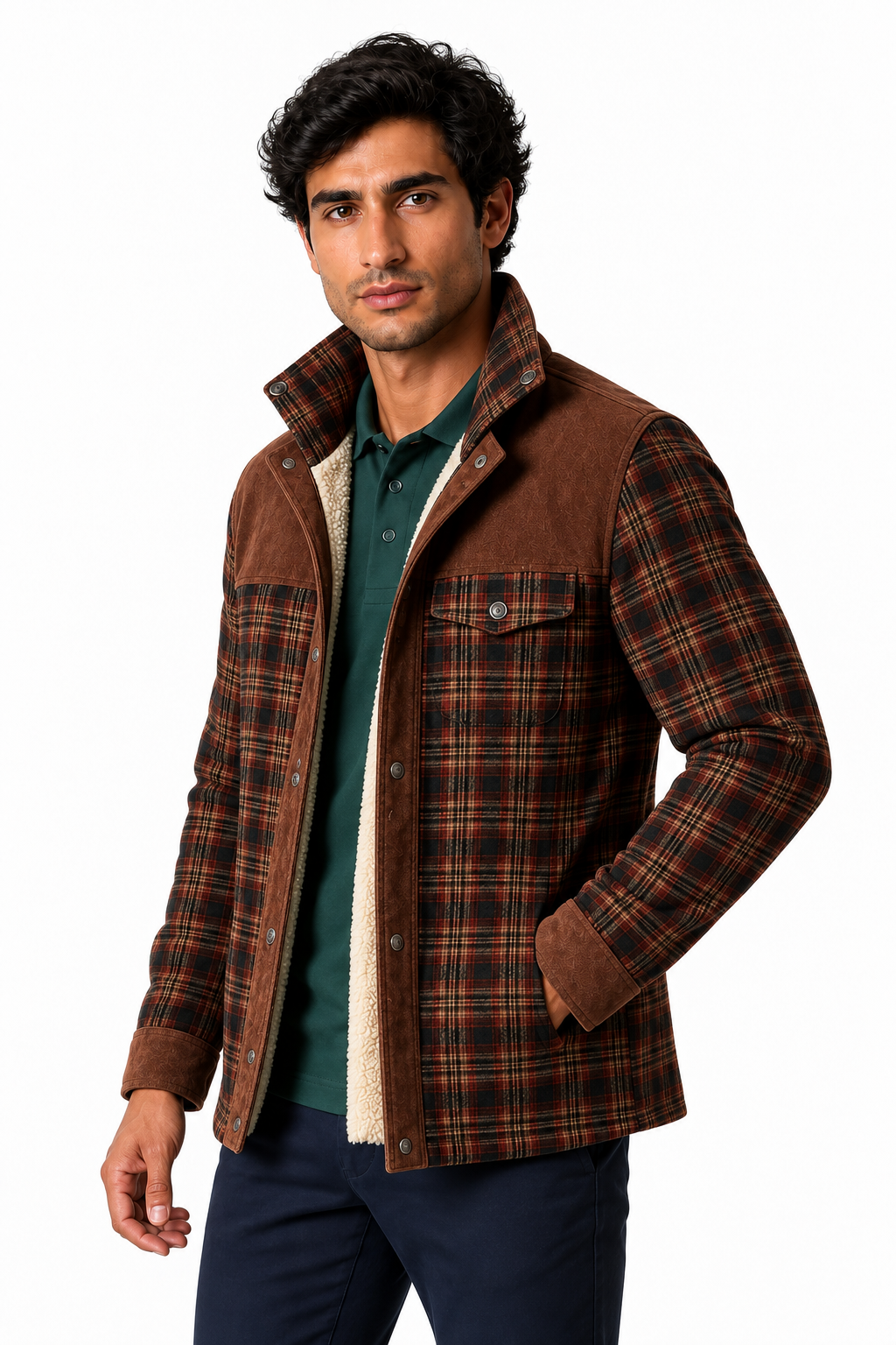 Ventorino Men's Plaid Jacket Sherpa Lining Warm Finish | Ventorino in Red Coffee — model three-quarter view