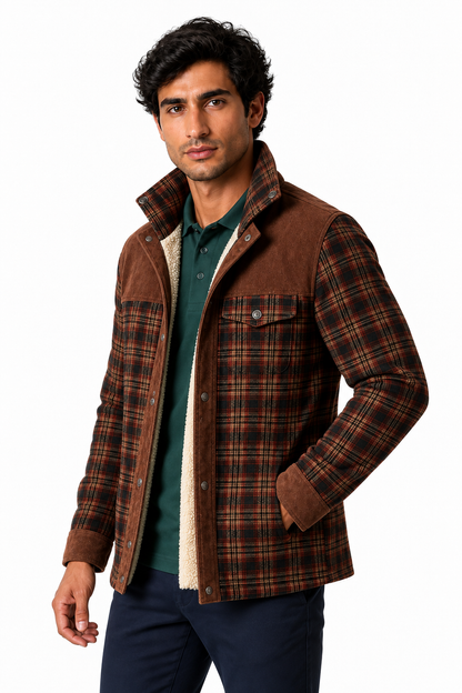 Ventorino Men's Plaid Jacket Sherpa Lining Warm Finish | Ventorino in Red Coffee — model three-quarter view