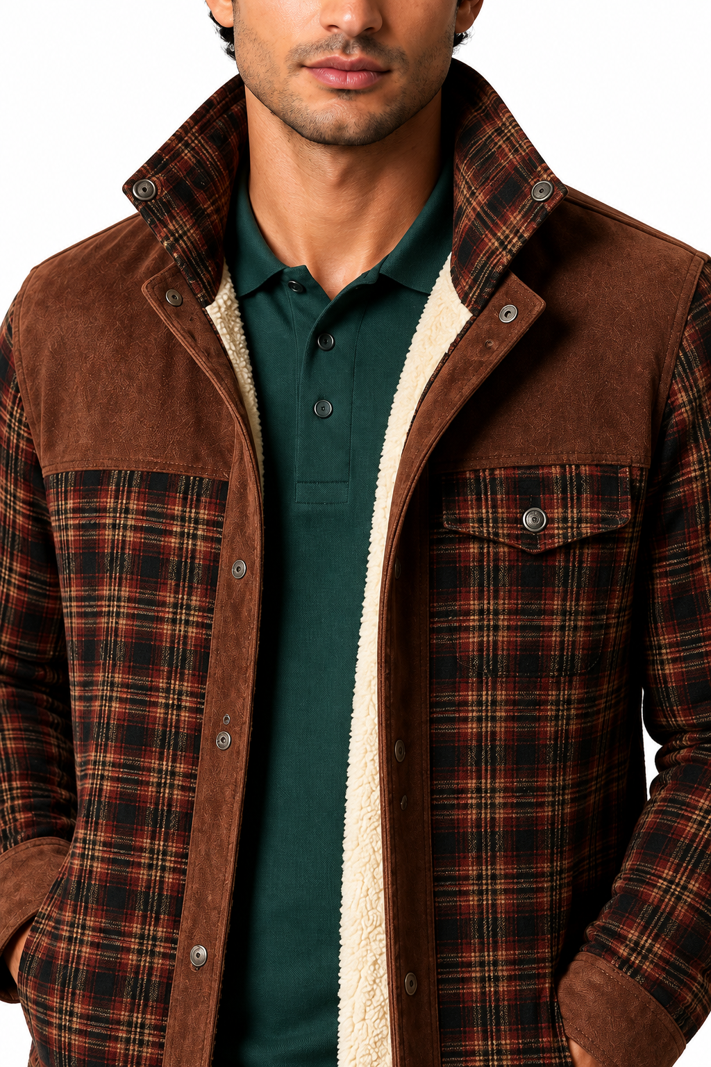 Ventorino Men's Plaid Jacket Sherpa Lining Warm Finish | Ventorino in Red Coffee — garment and fabric detail