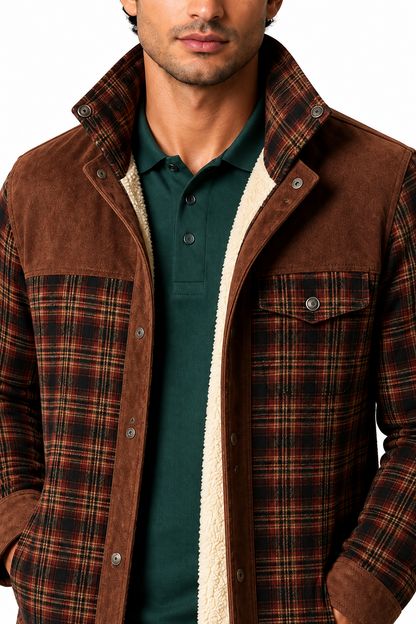 Ventorino Men's Plaid Jacket Sherpa Lining Warm Finish | Ventorino in Red Coffee — garment and fabric detail