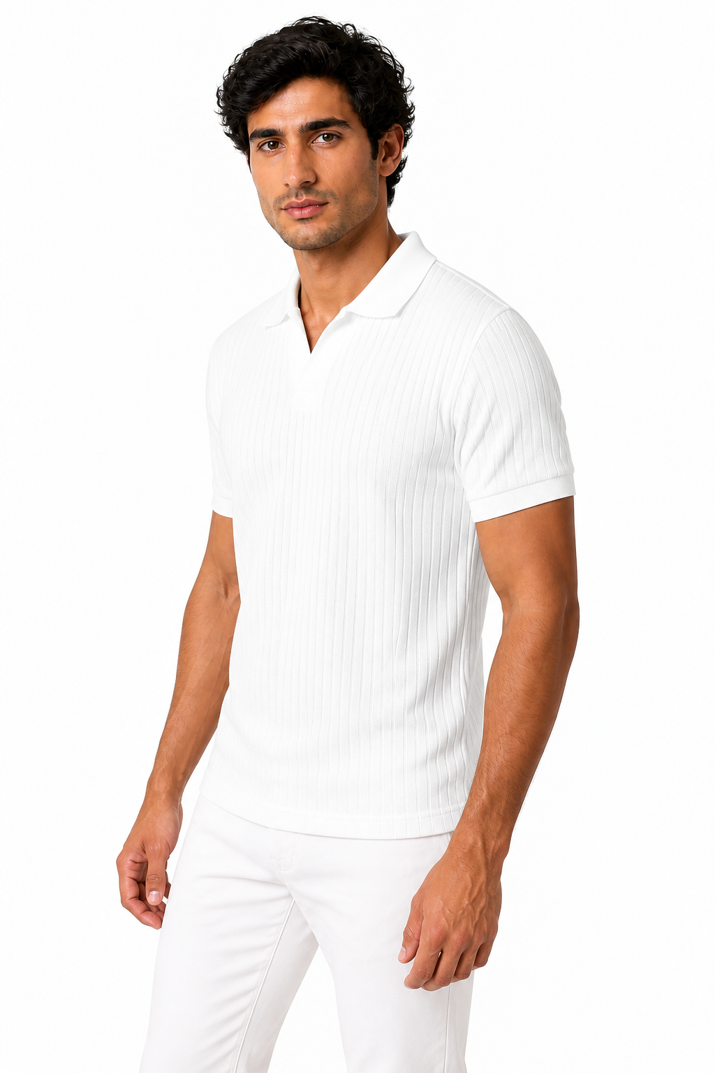 Ventorino Men's Polo Shirt Vertical Rib V-Neck | Ventorino in White — model three-quarter view