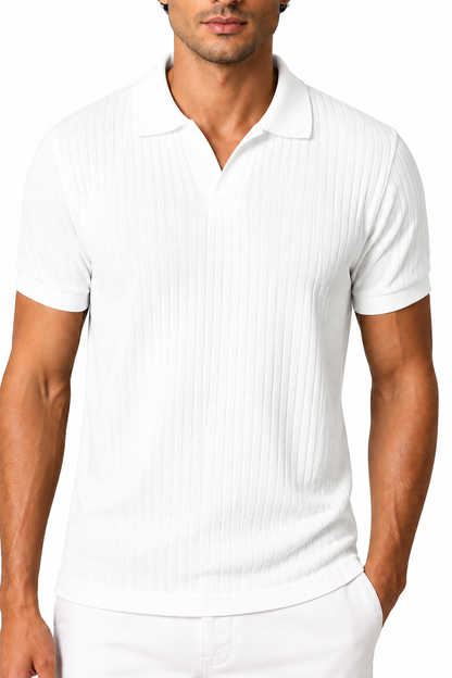 Ventorino Men's Polo Shirt Vertical Rib V-Neck | Ventorino in White — garment and fabric detail