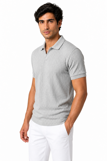 Ventorino Men's Polo Shirt Vertical Rib V-Neck | Ventorino in Light Gray — model three-quarter view