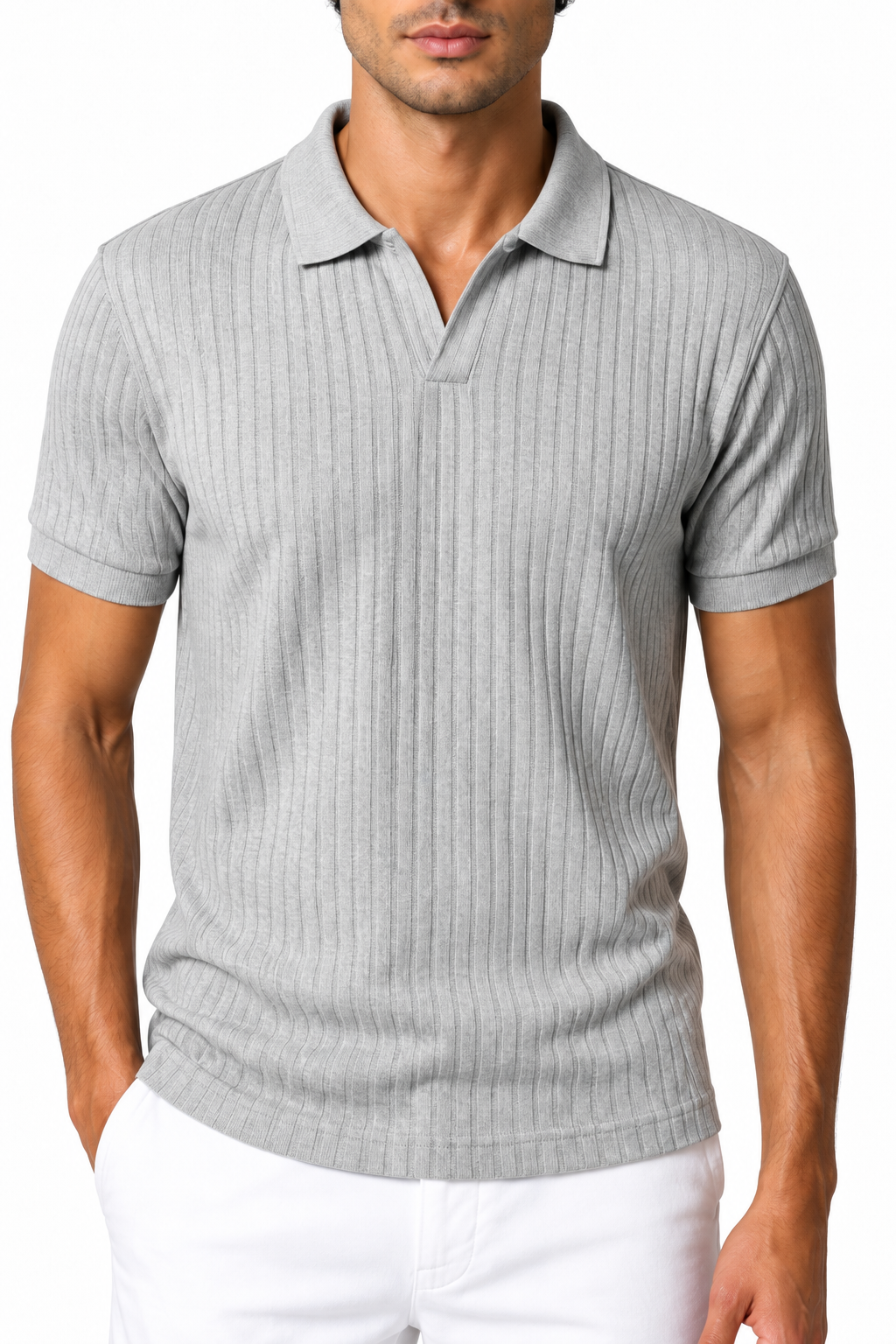 Ventorino Men's Polo Shirt Vertical Rib V-Neck | Ventorino in Light Gray — garment and fabric detail