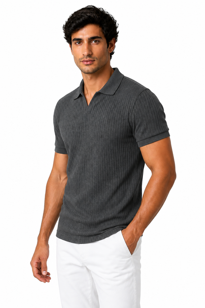 Ventorino Men's Polo Shirt Vertical Rib V-Neck | Ventorino in Dark Gray — model three-quarter view