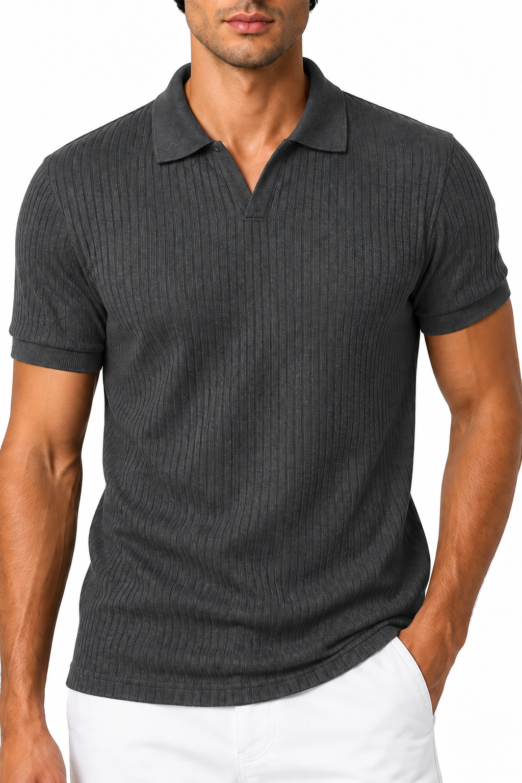 Ventorino Men's Polo Shirt Vertical Rib V-Neck | Ventorino in Dark Gray — garment and fabric detail