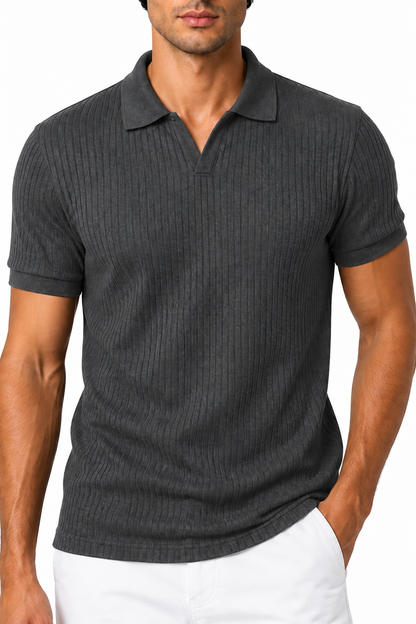 Ventorino Men's Polo Shirt Vertical Rib V-Neck | Ventorino in Dark Gray — garment and fabric detail