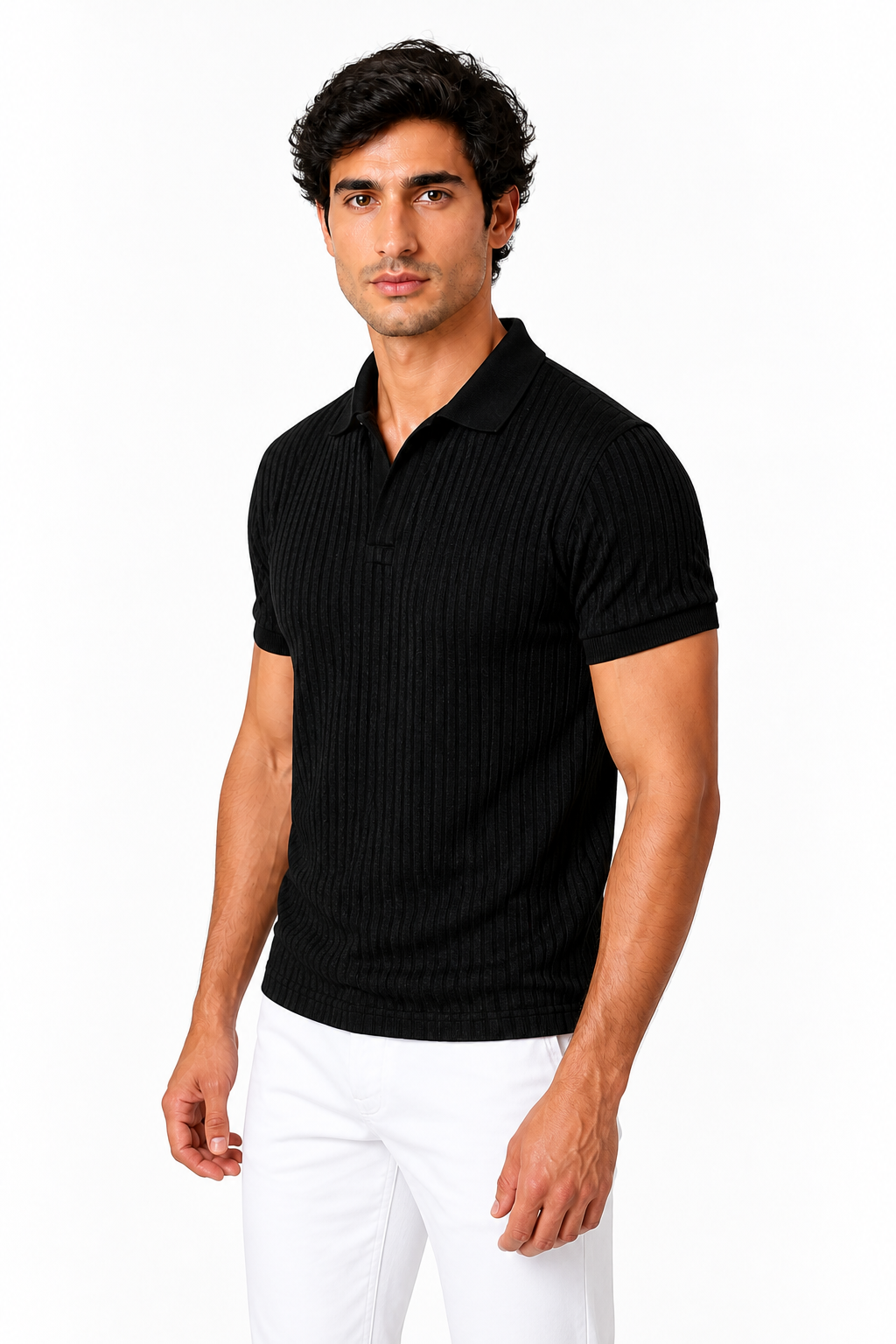Ventorino Men's Polo Shirt Vertical Rib V-Neck | Ventorino in Black — model three-quarter view