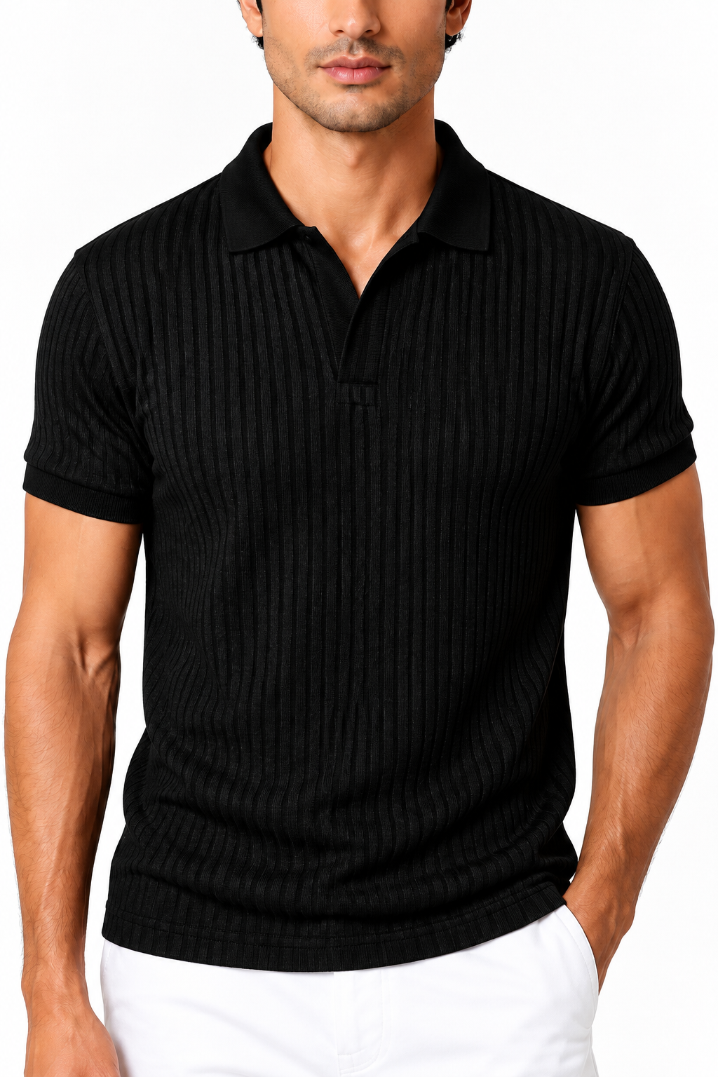 Ventorino Men's Polo Shirt Vertical Rib V-Neck | Ventorino in Black — garment and fabric detail