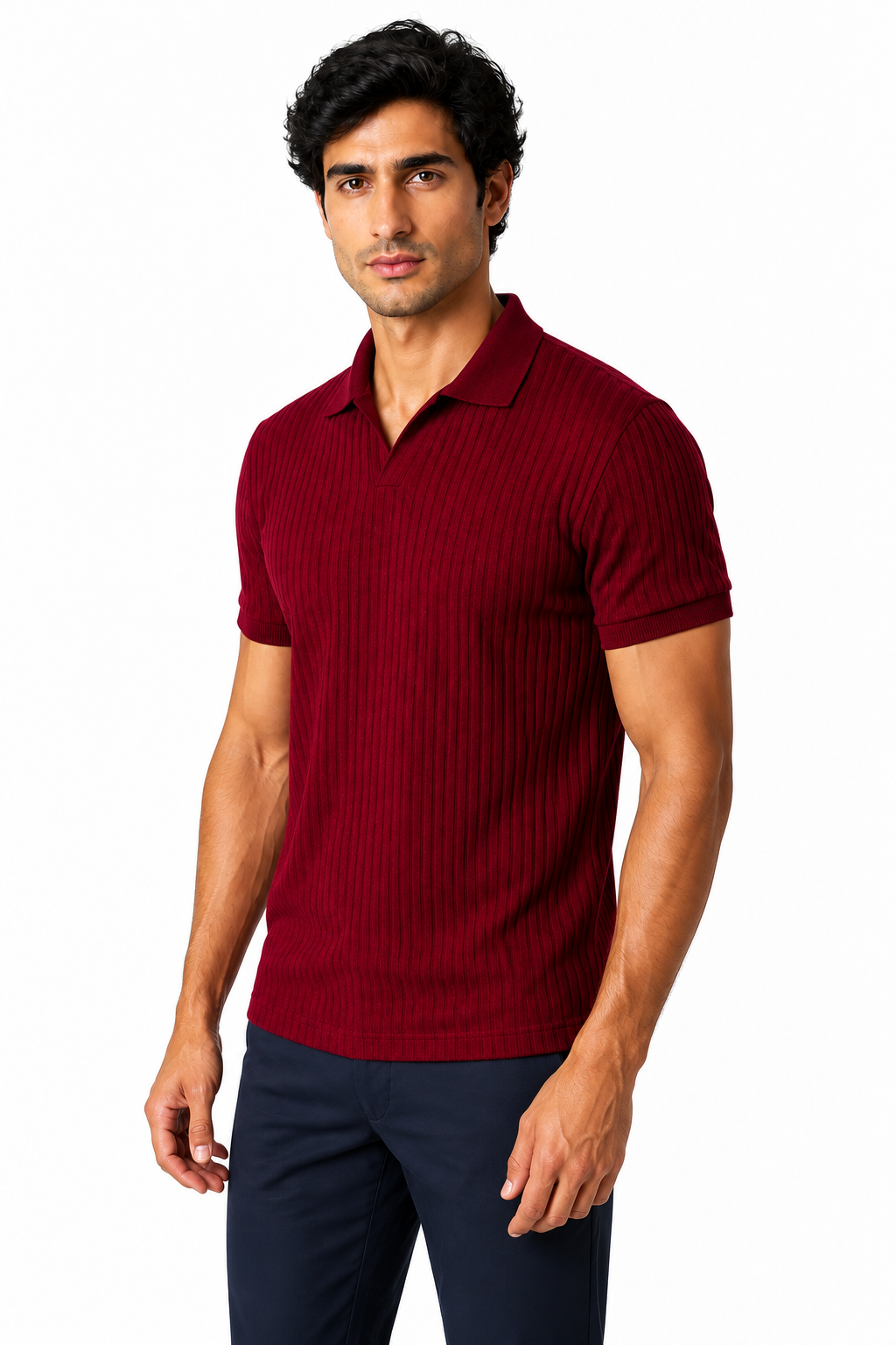 Ventorino Men's Polo Shirt Vertical Rib V-Neck | Ventorino in Purplish Red — model three-quarter view