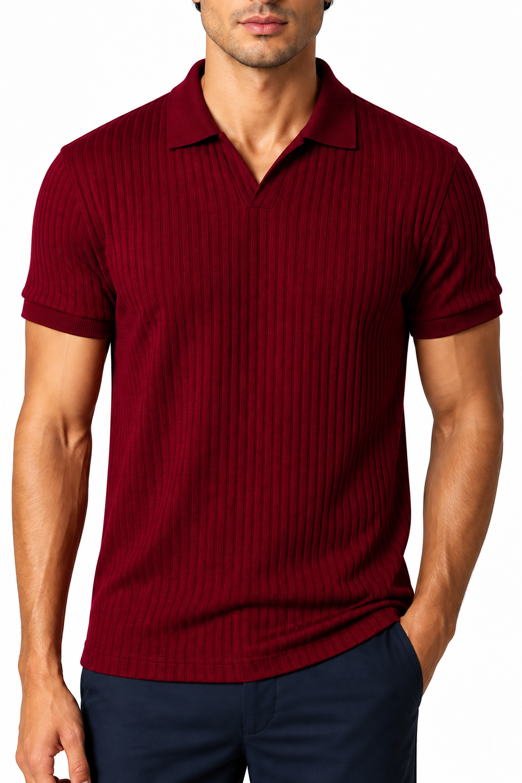 Ventorino Men's Polo Shirt Vertical Rib V-Neck | Ventorino in Purplish Red — garment and fabric detail