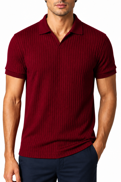 Ventorino Men's Polo Shirt Vertical Rib V-Neck | Ventorino in Purplish Red — garment and fabric detail