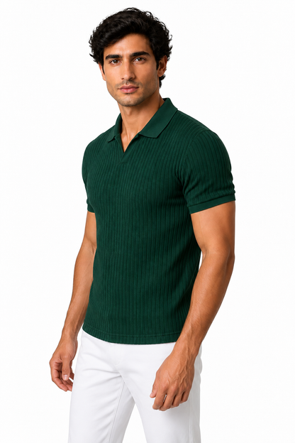 Ventorino Men's Polo Shirt Vertical Rib V-Neck | Ventorino in Dark Green — model three-quarter view