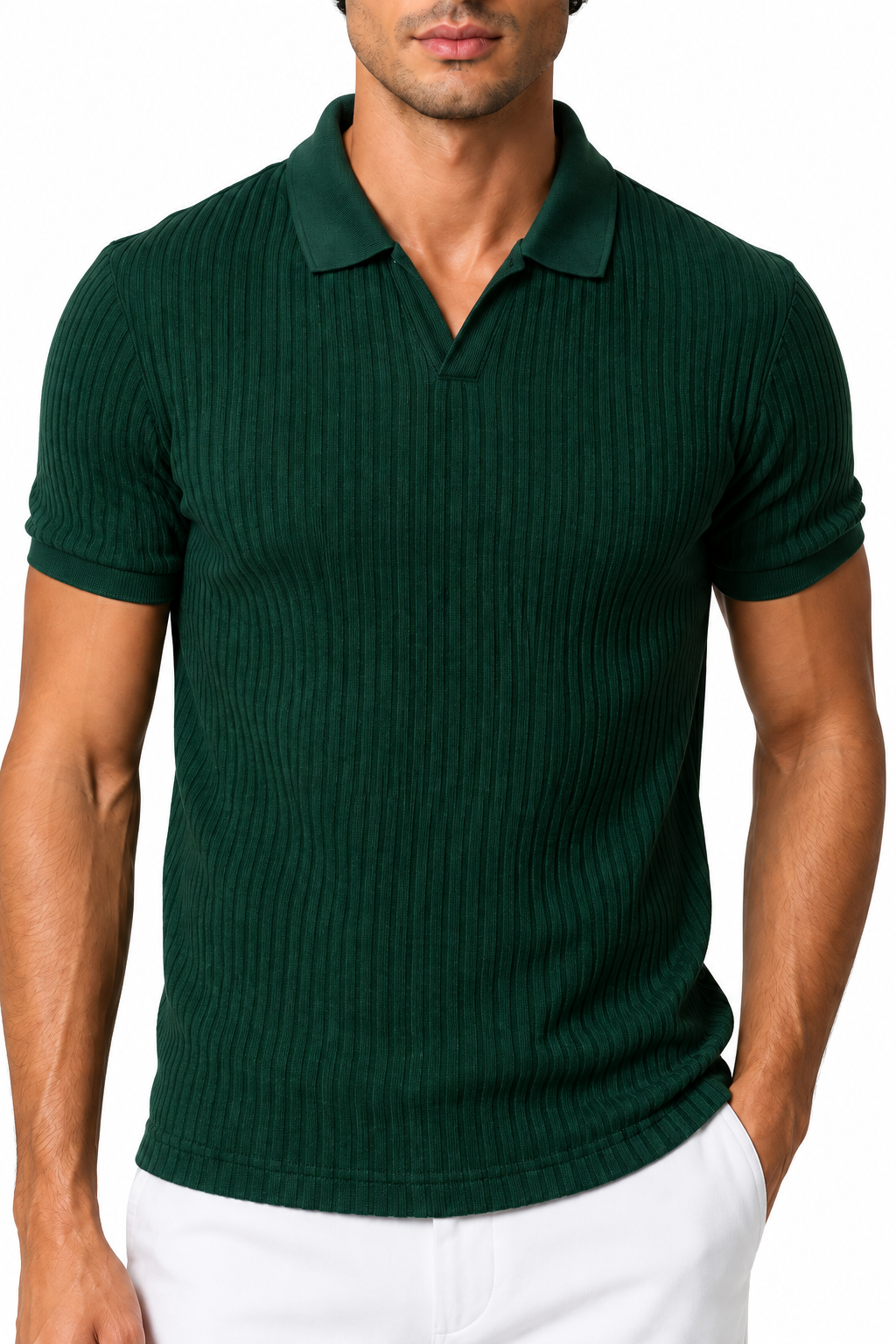 Ventorino Men's Polo Shirt Vertical Rib V-Neck | Ventorino in Dark Green — garment and fabric detail