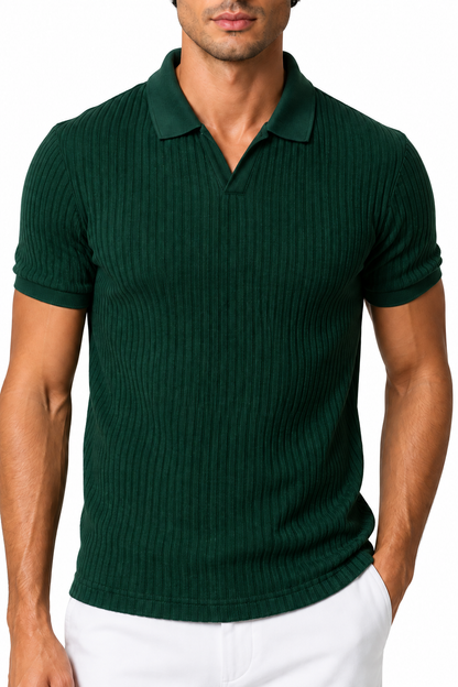 Ventorino Men's Polo Shirt Vertical Rib V-Neck | Ventorino in Dark Green — garment and fabric detail