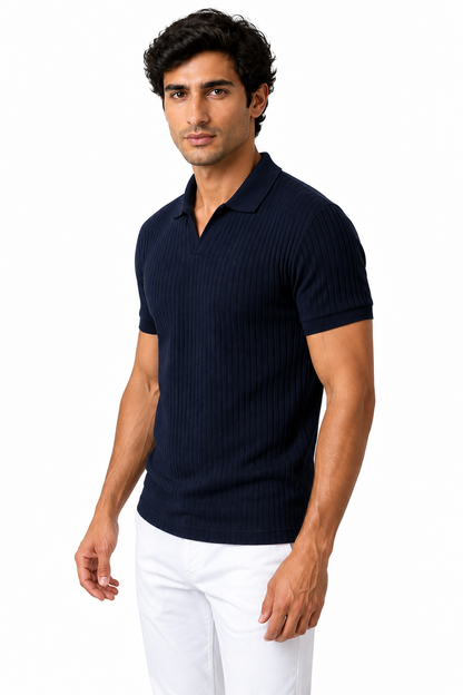 Ventorino Men's Polo Shirt Vertical Rib V-Neck | Ventorino in Navy Blue — model three-quarter view
