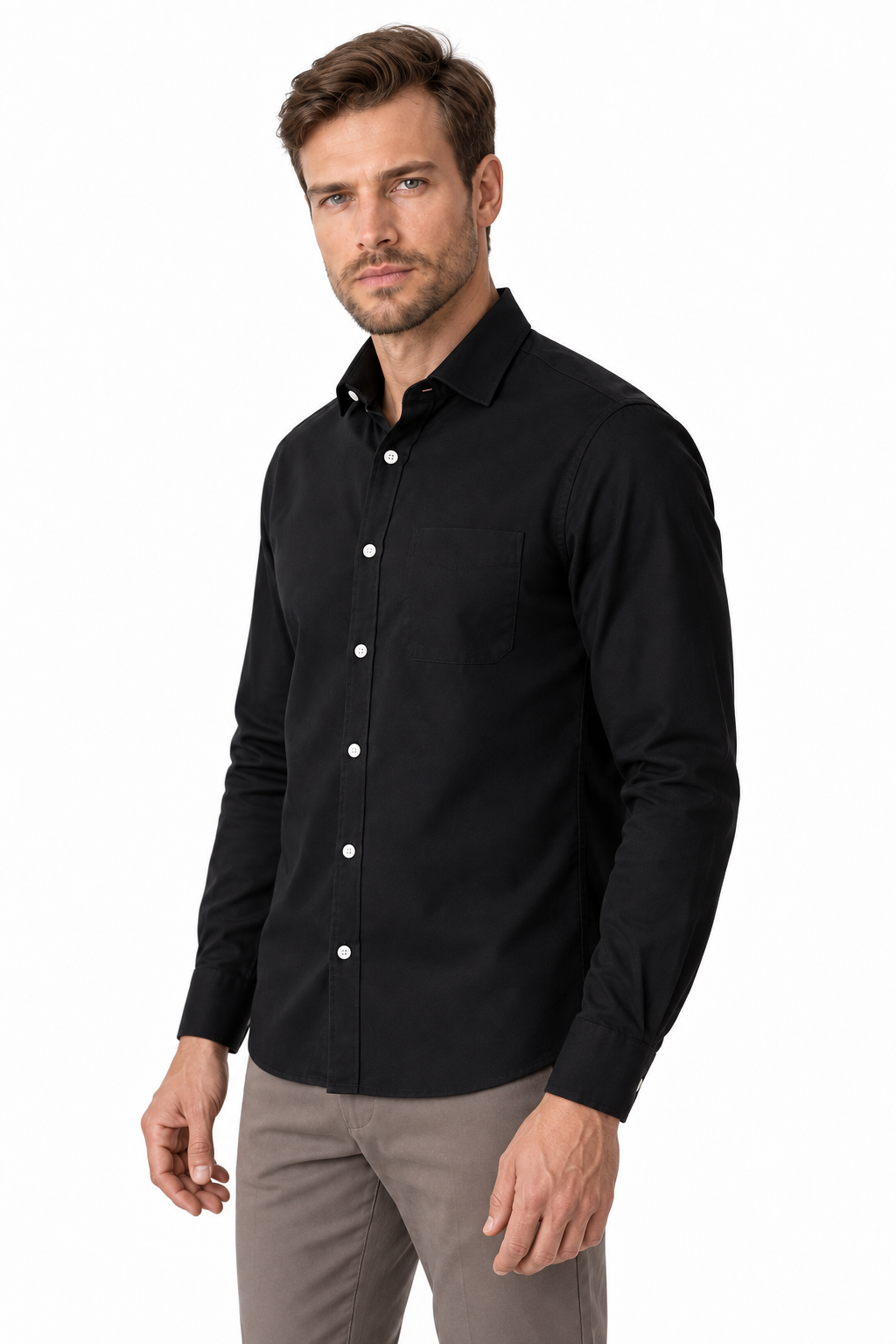 Ventorino Men's Business Shirt Slim Fit Clean Finish | Ventorino in Black — model three-quarter view
