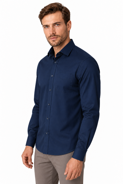 Ventorino Men's Business Shirt Slim Fit Clean Finish | Ventorino in Navy Blue — model three-quarter view