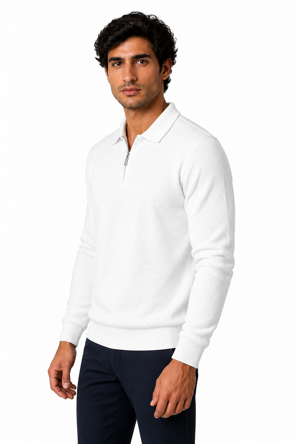 Ventorino Men's Polo Sweater Jacquard Knit Half Zip | Ventorino in White — model three-quarter view